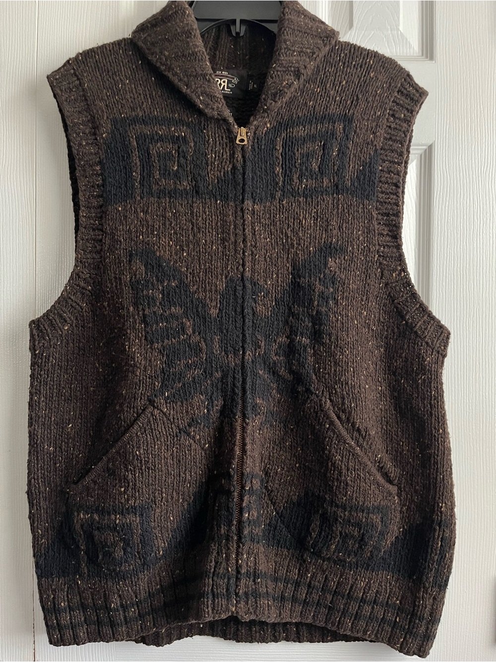RRL Ralph Lauren Brown & Black Thunderbird Wool Knit Vest Shawl Collar Mens XL